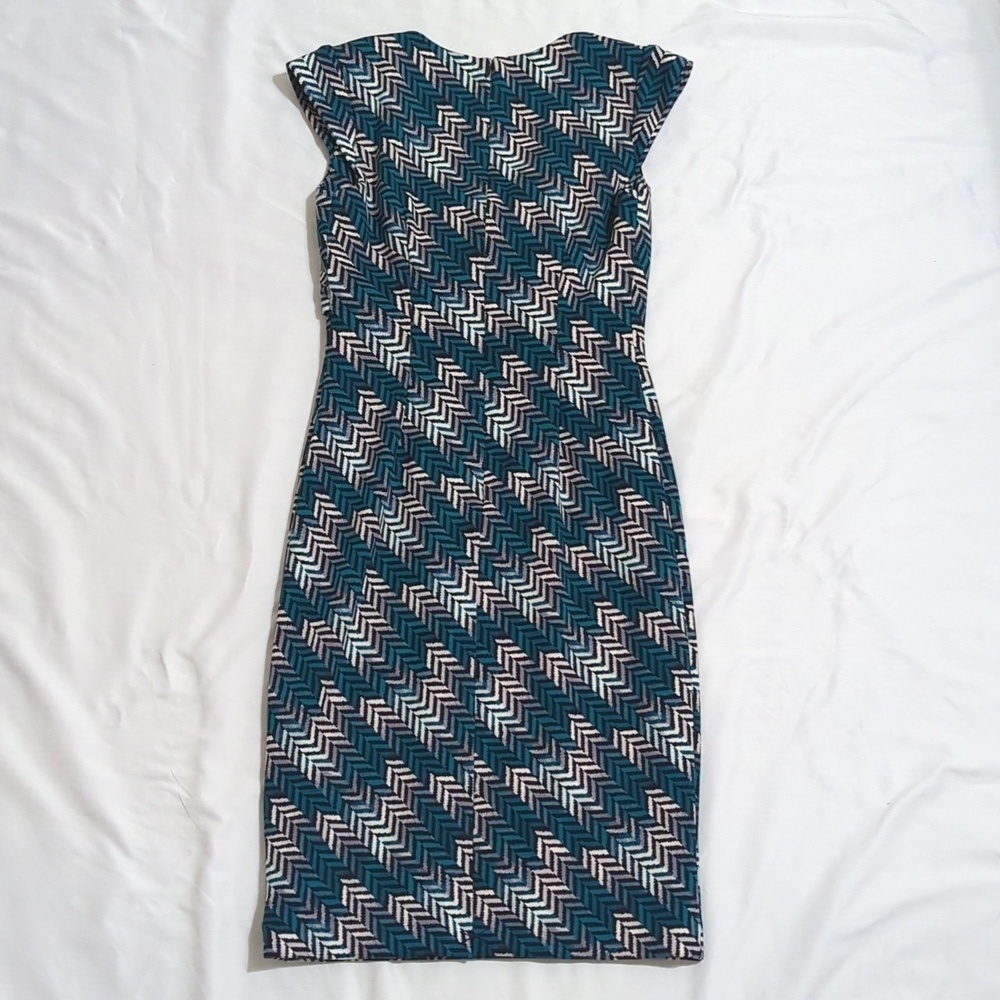 White House Black Market CS ZZ Print Sheath Dress, Black/White/Teal Size 4 - Picture 3 of 16